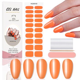 WOKOTO 20 Pcs Solid Orange Semi Cured Gel Nail Strips With Nail File & Wooden Stick, Solid Gel Nail Polish Strips Stickers Full Nail Wraps For Women Girls Stick On Nails Stickers UV Gel Nails