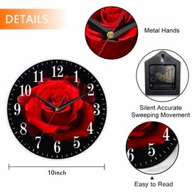 Mxocom Red Rose Wall Clock Nature Floral Petal Leaf Valentine's 10 Inch Silent Non Ticking Battery Operated Clock Vintage Round Clock for Living Room Bedroom Bathroom Office Decor