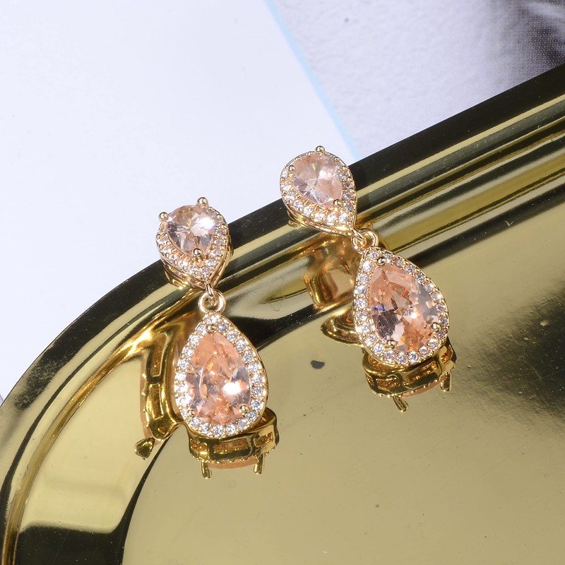 Champagne Earrings for Wedding Gold - Sterling Silver Pave Teardrop