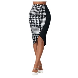 Floerns Women's Colorblock Houndstooth High Waist Wrap Front Bodycon Pencil Skirt Black and White Large
