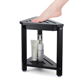 Boulphia Shower Foot Rest 13.8in, Bamboo Shower Stool for Shaving Legs, Waterproof Corner Shower Stool with Storage Shelf (Black)