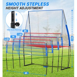 Volleyball Practice Net with Ball Return System, Height Adjustable 6.5-8FT, 11 * 8FT Portable Volleyball Training Equipment for Serving, Spiking, Solo and Team Drills, Indoor/Outdoor Use