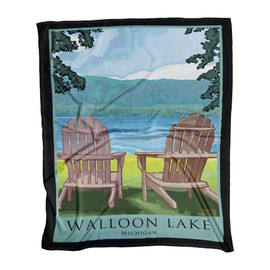 Northwest Art Mall Walloon Lake Michigan Adirondack Chairs Lake Ultra Fleece Bed Sofa Travel Cozy Blanket from Alla Prima Painting by Artist Joanne Kollman 60" x 80".