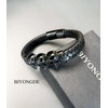 BIYONGDE Mens Black Braided Leather Bangle Skull Bracelet, Stainless Steel
