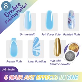 U-Shinein Ombre Gel Nail Polish Set,Colorful Painting Nail Gel with 50Pcs Nail Sponges & 4 Claws Metal Grabber for DIY Nail Art #08 Blue
