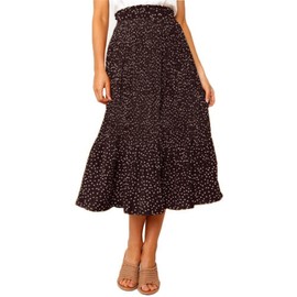 Oyamiki High Waisted Skirts Polka Dot Skirt for Women Elegant Casual Coffee Pleated Dress with Pockets Midi Length, L