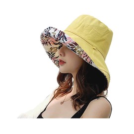 Micoop Women's Linen Cotton UPF 50+ Sun Hat Reversible Bucket Hat with Wide Fold-Up Brim and Chin Strap (Yellow)
