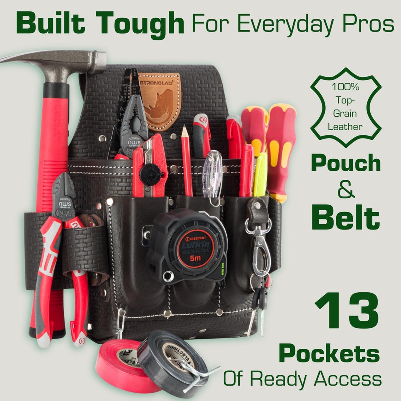STRONGLAD Heavy-Duty Electricians Tool Belt – 13-Pocket Top-Grain Leather Pouch,