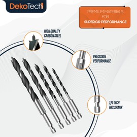 DekoTech Brad Point Wood Drill Bit Set – High-Speed Steel with 1/4" Hex Shank – Precision Drilling for Hardwood, Softwood, Plywood, and MDF – Quick-Change Design for Power Drills ( 5-Piece )