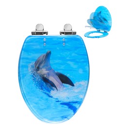 Angol Shiold ELONGATED Soft Close Toilet Seat Resin, Quiet and Slow Close Lid and Seat with Quick Release Adjustable Hingesfor Standard Toilets, Easy Installation & Clean(19 Inch, Backstroke Dolphin)