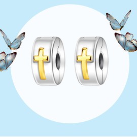 MGIUL Cross Clip Stopper Charms 2 Pieces Pendant for Bracelets Necklaces 925 Sterling Silver Pendant Beads Jewellery Gift for Women, Silver, Zircon