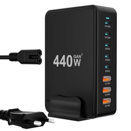 USB C Charging Station, 440W, 8 Ports, 5 USB-C, 3 USB-A, GaN Technology, for Mobile Phones, Laptops, Tablets, Headphones