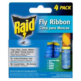 RAID FLY RIBBON GLUE PAPER TRAPS For Indoor/Outdoor  No Insecticide 4 Ribbons/Pk