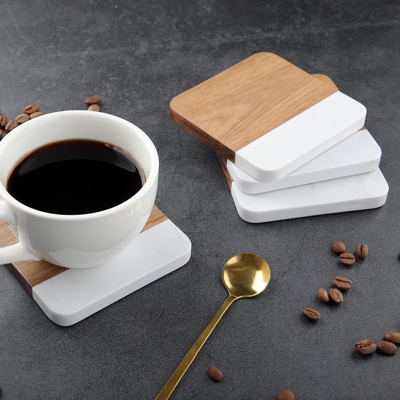 LiWiBet Acacia Wood Marble Coasters for Drinks Set of 4,