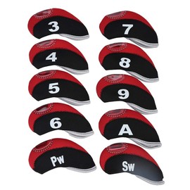 MAGT Golf Club Head Covers, 10 Pieces Waterproof Golf Head Covers Set, Iron Head Covers with Interchangeable Number Plate (Black & Red)