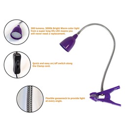 Newhouse Lighting NHCLP-LED-PUR Purple Metal Flexible Clamp-Style LED Goose Neck Desk Lamp in 3000K Warm White Color Temperature with Power Adapter and 6 ft. Power Cord