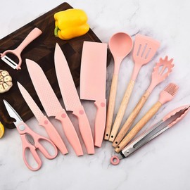 Cooking Utensils Set, 12Pieces Kitchen Utensil Set with 5 Pieces Silicone Spatula Set 4 Piece Knife Set with Scissors and Block, Sharp Stainless Steel Knife Block Set and Kitchen Tool Set (Pink)