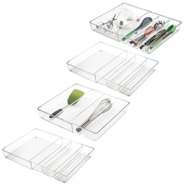 mDesign Plastic Adjustable/Expandable Divided Drawer Storage Organizer with 4 Compartments for Kitchen Pantry, Cupboard, Cabinet, Hold Silverware, Utensils, Cutlery - Ligne Collection - 4 Pack - Clear