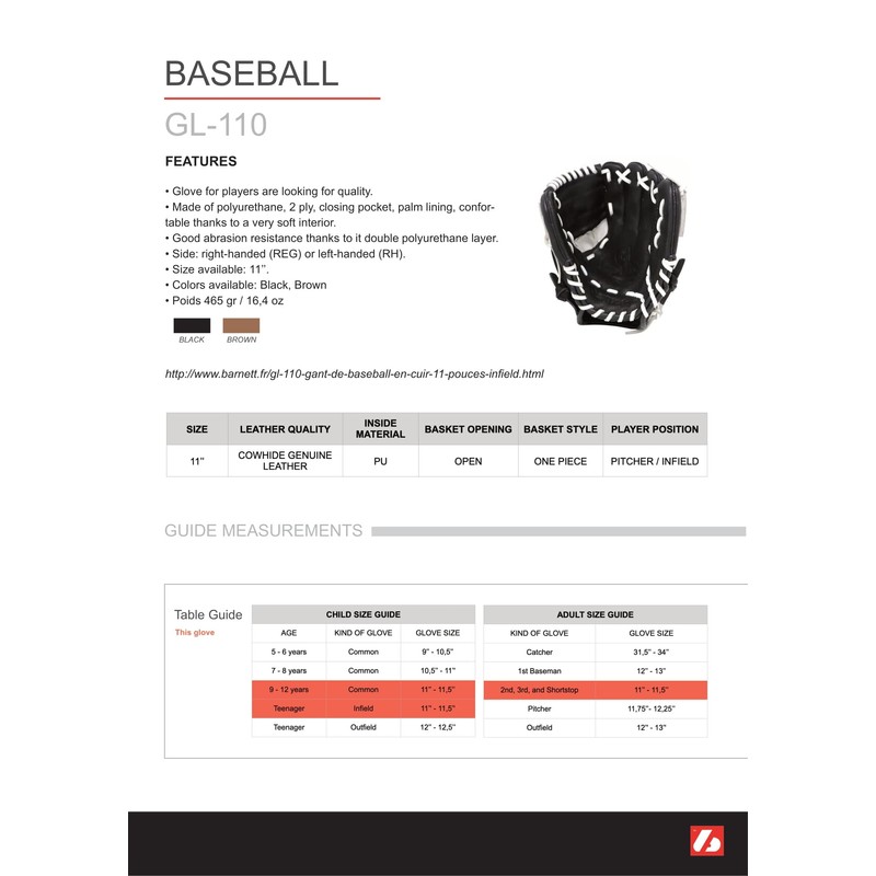 GL-110 RHCompetition Infield Baseball Glove 11", Black