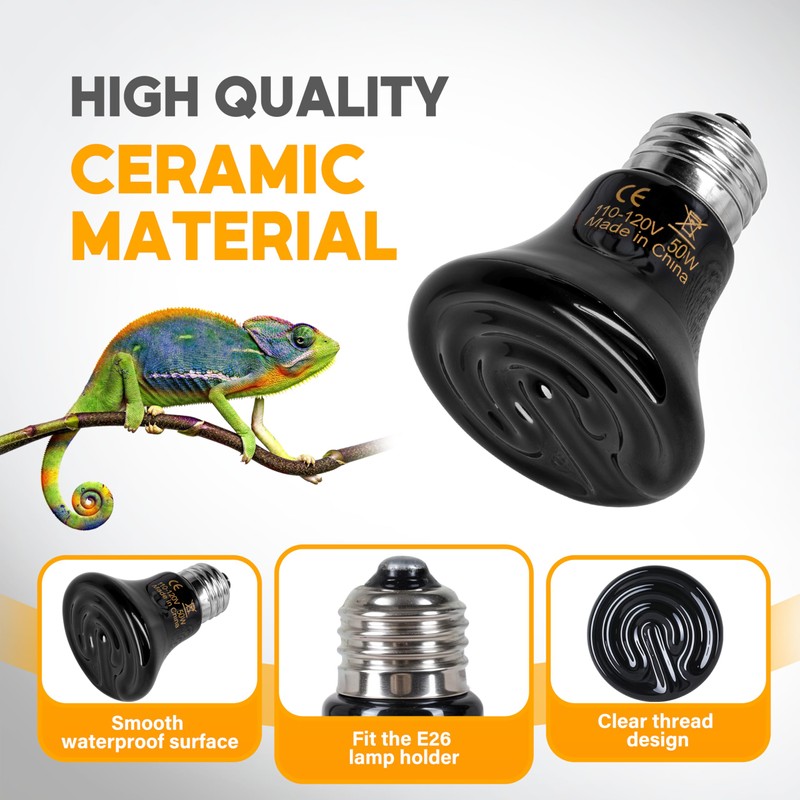 HealSmart 50W Mini Reptile Heat Lamp Ceramic Heat Emitter, No