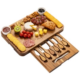 HBlife Acacia Wood Cheese Board & Knife Set Extra Large Charcuterie Boards Set & Accessories House Warming Gift Perfect Choice for Christmas Wedding