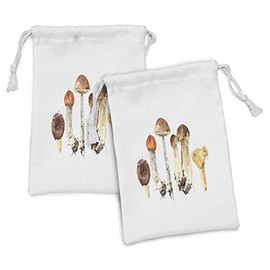 Lunarable Mushroom Fabric Pouch Set of 2, Wild Mushroom Hand Drawn Ingredient Design in Watercolor Style Boho Woodland, Small Drawstring Bag for Toiletries Masks and Favors, 9" x 6", Multicolor