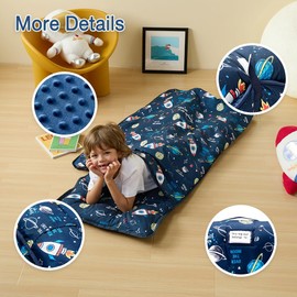 beeweed beeweed Toddler Nap Mat, Rollup Design Kid Sleeping Mat with Removable Pillow & Minky Blanket, Toddler Sleeping Bag for Daycare Preschool Travel Camping, Space Ship