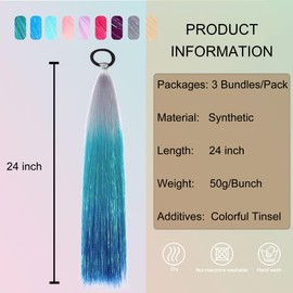 PORSMEER 3 Pack Hair Tinsel Colored Braided Ponytail Extension,colorful Gradient Hair Extensions with Elastic Tie Wrap Around Braiding Sparkling Hair Extension for Braids 24inch(Silver Gray/Cyan/Blue)