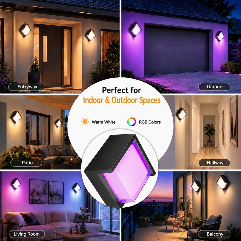 Meevt Outdoor Wall Lights, Square, 1 Pack, 1200LM RGBCW Smart