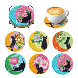 Eunoir Diamond Painting Coasters Kits, Diamond Art Coasters with Holder, Crafts Kits for DIY Coasters, Diamond Art Kits for Adults (6 Pcs Black Cat)