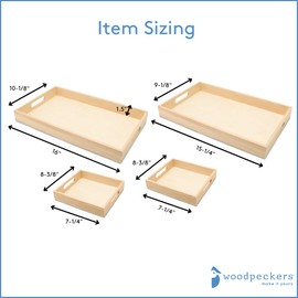DIY Wooden Tray Set, Pack of 1 Sets of 4 Nesting Wood Tray with Handles for Crafts, Organizing, Serving, Home Decor, & Classroom Play, by Woodpeckers