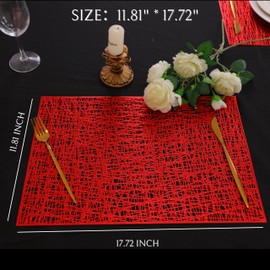 Snowkingdom Red Placemats Set of 8, Rectangle Vinyl Metallic Place mats, Washable Easy Clean Wipeable Non Slip Stain Heat Resistant Dinning Hollow Table Mats for Valentine's Day Party Decoration