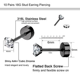 Dochais Stainless Steel Earrings for Men Women 10 Pairs 20G Gold/Black Stud Earrings 2 mm/3 mm/4 mm Zirconia Cartilage Earrings Hypoallergenic Flatback Earrings Piercing, Stainless Steel