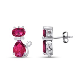 Mother's Day Jewelry Gift Pear & Oval Shape Simulated Ruby Cute Animal Kitty Cat Stud Earrings In 14k White Gold Over Sterling Silver