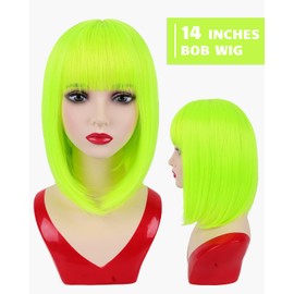 NOTICEME Neon Green Bob Wig with Bangs, Short Straight Costume Neon Green Wig for Women Cosplay, Synthetic Hair, 14in
