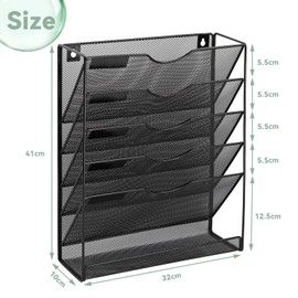 IOUGDSEC 6-Tier Mesh Wall File Holder Organizer with Bottom Flat Tray, Vertical Hanging File Organizer, Office Hanging File Folder Magazine Rack, Nametag Label Hooks Set Included, Black
