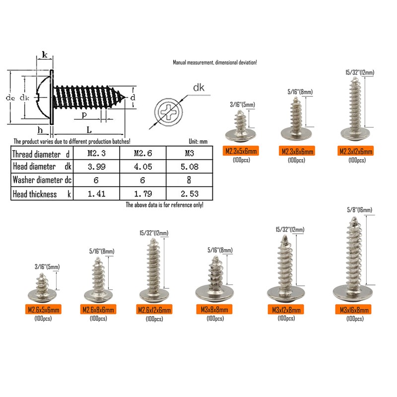 LBY 900pcs M2.3 M2.6 M3 Truss Head Self-Tapping Screws, Wafer