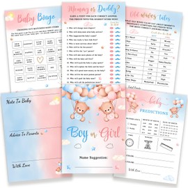 6 Fun Baby Shower Bingo Games - 74Pcs Bear Newborn Gender Reveal Bingo Game for 24 Guests, Boy or Girl Gender Reveal Ideas Blue Pink Teddy Bear Baby Prediction Cards, Mommy or Daddy, Old Wives Tales