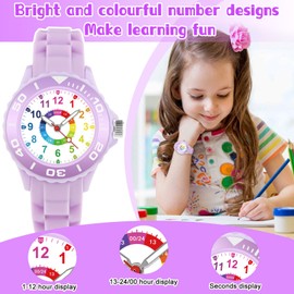 GUUMUXIN Kids Analogue Watch for Boys and Girls, Educational Watch with Hands for Children Aged 5-16 Years, Multi-Colour Dial with Clear Scales, Soft Strap, Easy to Read and Learn, purple, casual