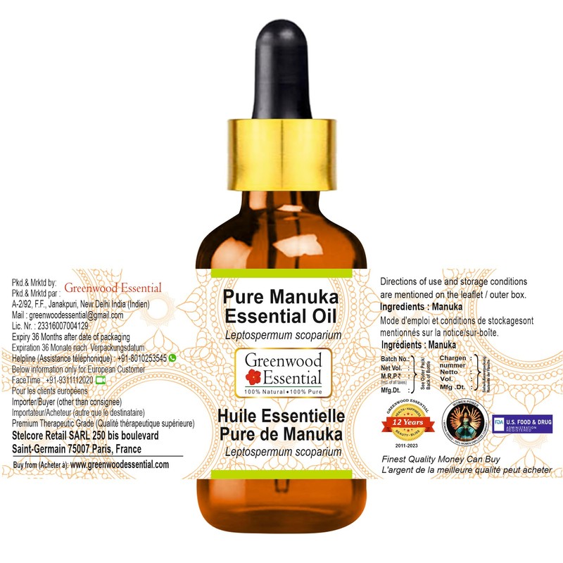 Greenwood Essential Pure Manuka Essential Oil (Leptospermum scoparium) with Glass