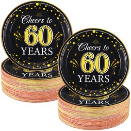 Sunnyray 100 Pack Birthday Party Plates Cheers to 50 Years Disposable Paper Plates 9 Inch, Black Gold Dinner Plates for 50th Birthday Anniversary Party Supplies(60th)