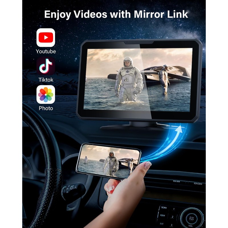 AX2V 7" HD Apple Carplay Screen for Car，2-in-1 Wireless CarPlay