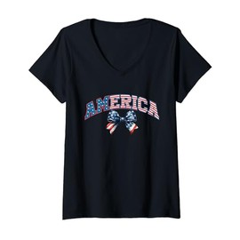 Womens 4th Of July Coquette Outfit Girl Bow American USA Flag V-Neck T-Shirt