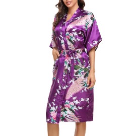 Lovasy Kimono Dressing Gowns Satin Kimono Robe Silk Dressing Gown for Women UK Long Silk Bride and Bridesmaid Robes,Dark Purple,L
