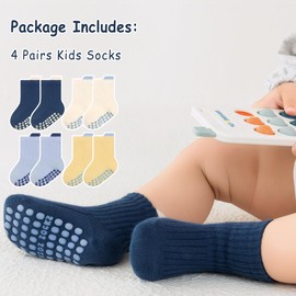 Dioshark Kinder Rutschfeste Socken Baby Jungen, 4 Paar ABS Anti Rutsch Socken Baumwoll Krabbelsocken Winter Herbst Frühling Antirutschsocken Kindersocken Set für 1-3 Jahre, Marine Blau Weiss Gelb