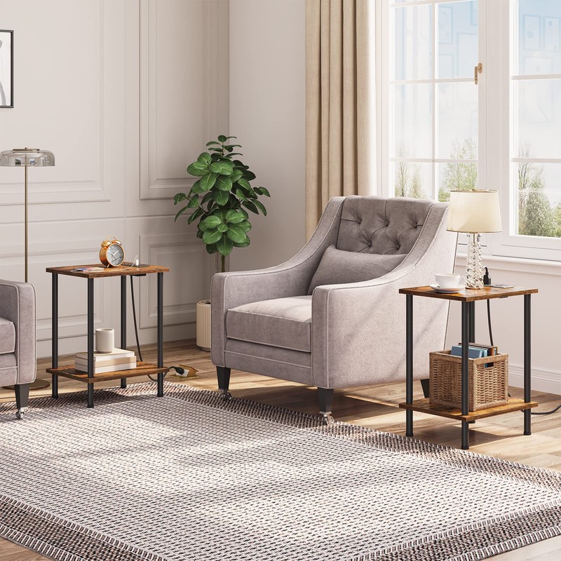 HOOBRO Side Table with Charging Station, Set of 2 End
