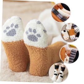 Beavorty 6 Pairs Warm Coral Fleece Cat Paw Pattern Socks of Fluffy Slipper Socks for Home Use Comfortable Thickened Sleep Mixed Styles for Cozy Nights