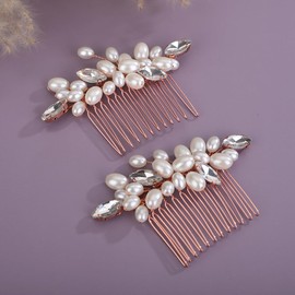 Teyglen Pearl Wedding Hair Comb Simple Rhinestone Pearl Hair Piece Bride Headpiece Bridal Crystal Pearl Hair Comb Elegant Hair Accessories for Women (Rose gold)