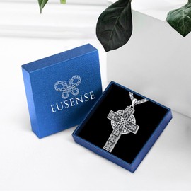 Eusense Celtic Cross Necklace for Men 925 Sterling Silver Jewelry Irish Celtic Knot Celtic Cross Pendant Crucifix Cross Necklace for Women Celtic Jewelry