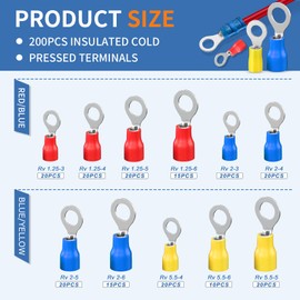 200PCS Pre-Insulated Ring Terminal Assortment Kit, Cold Crimp Wire Connectors Set for Electrical Wire Connector Assortment with Ring, Crimp Automotive Cable Terminals (Red/Blue/Yellow)